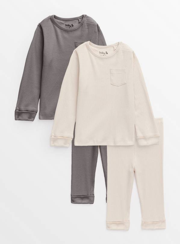 Cream & Grey Ribbed Long Sleeve Pyjama Sets 2 Pack 2-3 years